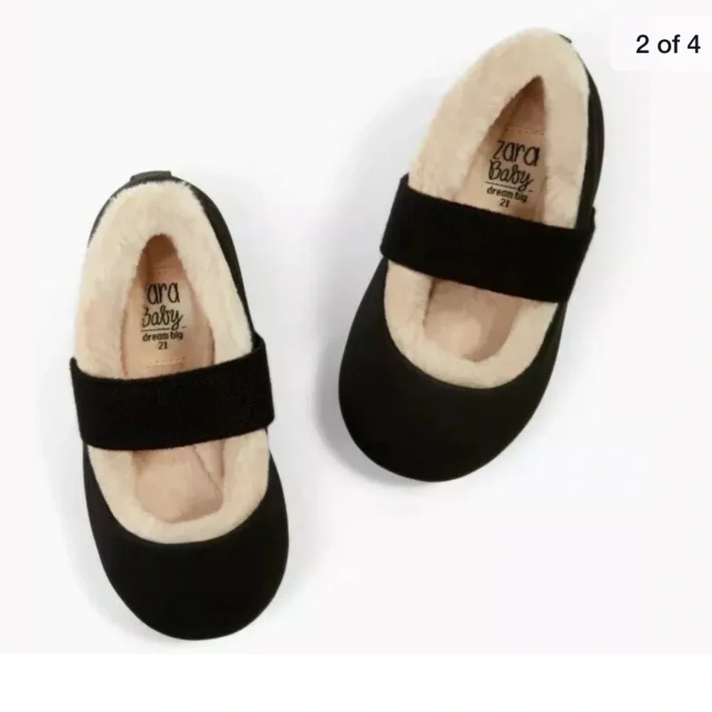 Zara Baby Girl Black Faux Fur Lined Ballet Slippers Cozy Soft Flats